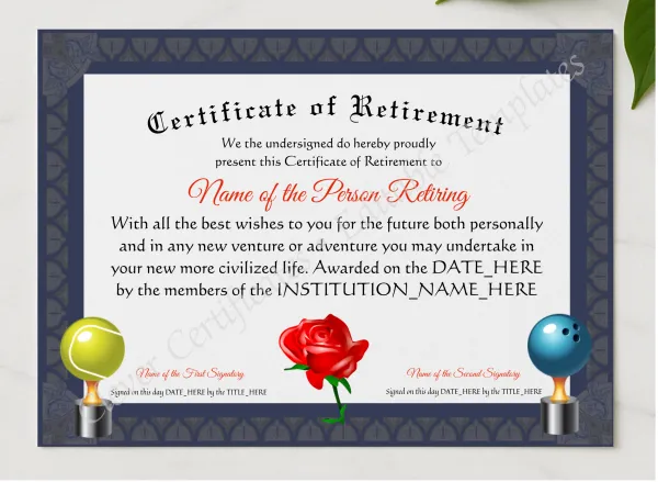 Customizable Certificate Of Retirement presented in a sleek wooden frame, elegantly arranged on a stylish table.