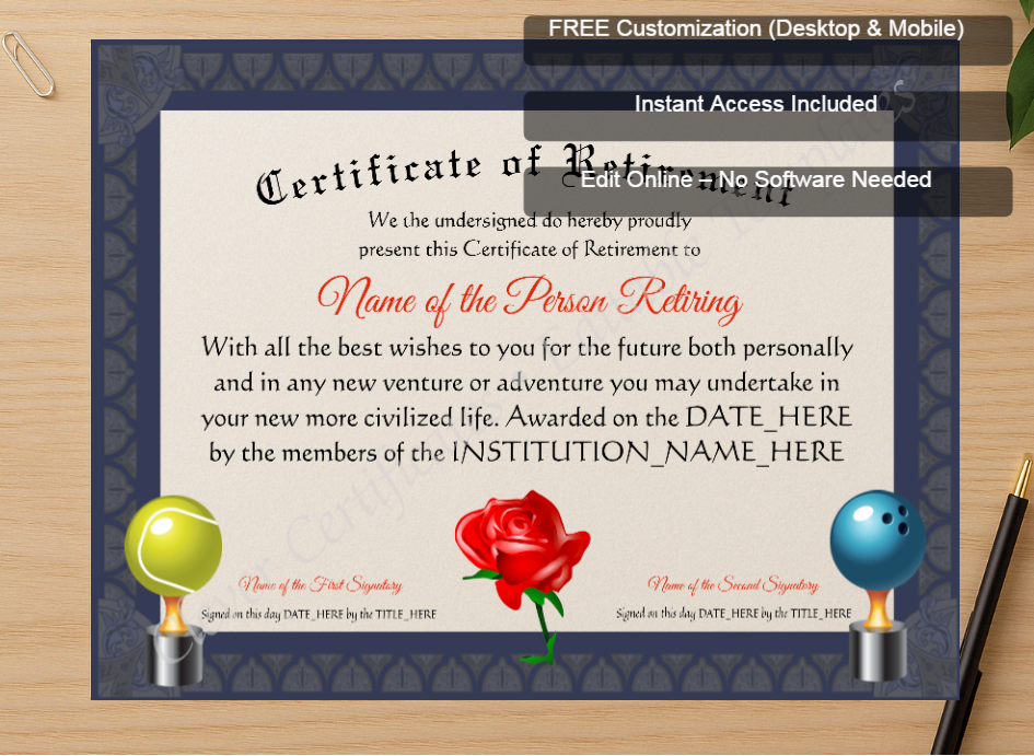 Zoomed preview with Free Editor badge stack for Customizable Certificate Of Retirement