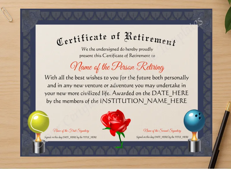 Professional preview of Customizable Certificate Of Retirement certificate on high-quality stationery paper, ideal for showcasing the final look.