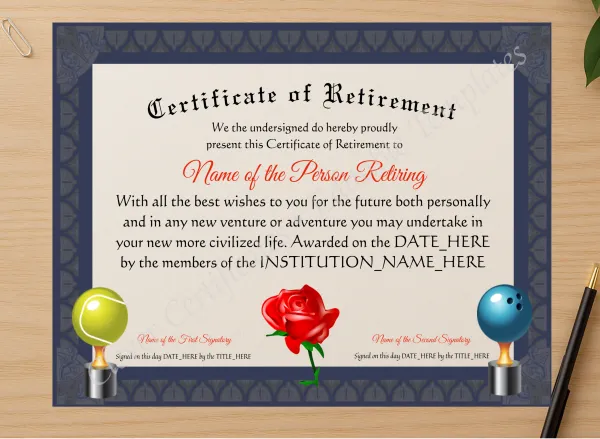 Professional preview of Customizable Certificate Of Retirement certificate on high-quality stationery paper, ideal for showcasing the final look.