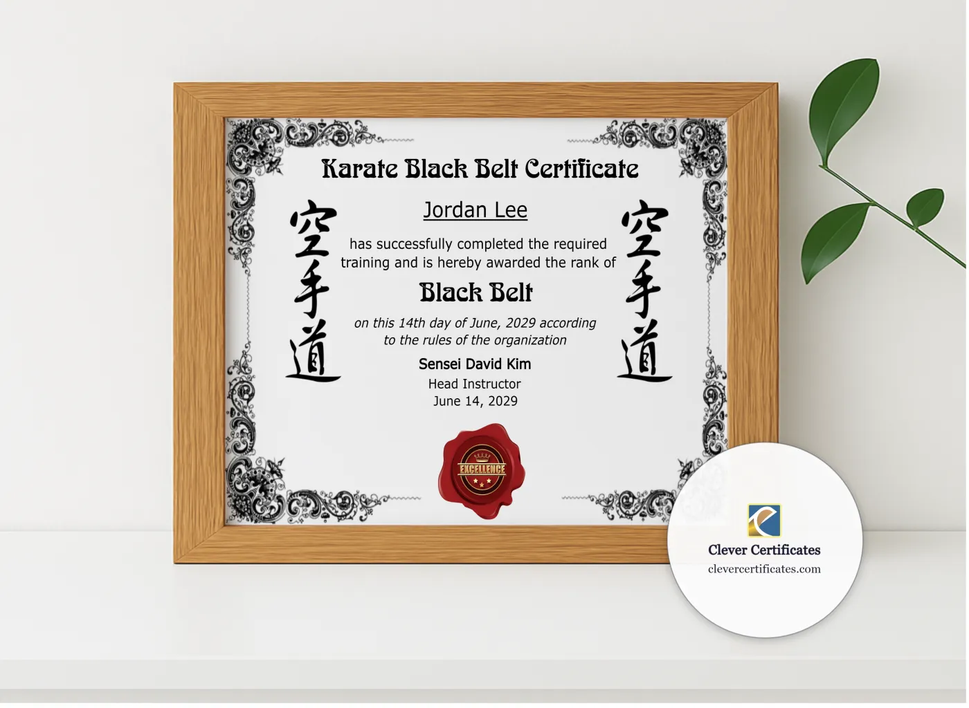 Realistic mockup featuring Karate Black Belt Certificate displayed within a modern frame, set against a minimalistic background.