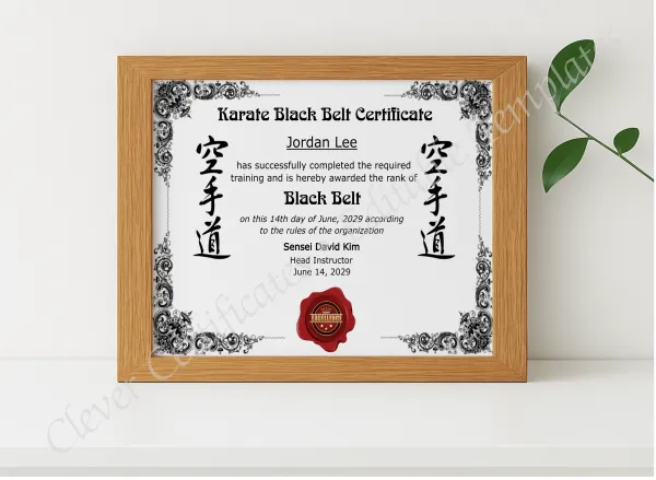 Realistic mockup featuring Karate Black Belt Certificate displayed within a modern frame, set against a minimalistic background.