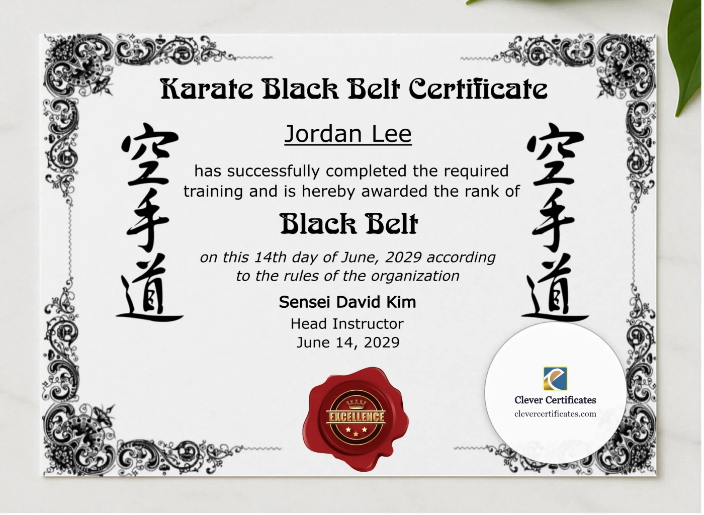 Karate Black Belt Certificate presented in a sleek wooden frame, elegantly arranged on a stylish table.