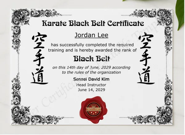 Karate Black Belt Certificate presented in a sleek wooden frame, elegantly arranged on a stylish table.