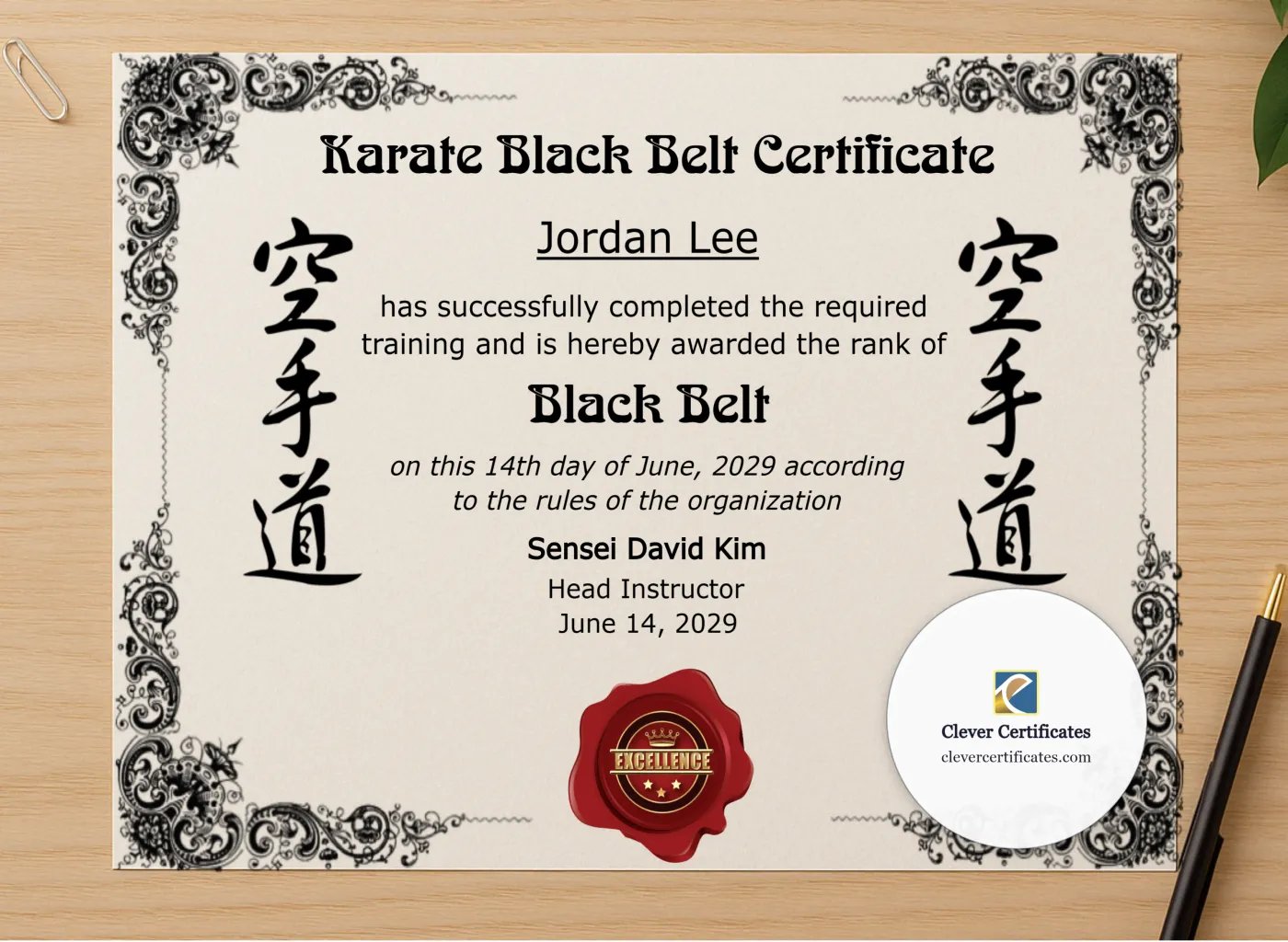 Professional preview of Karate Black Belt Certificate certificate on high-quality stationery paper, ideal for showcasing the final look.