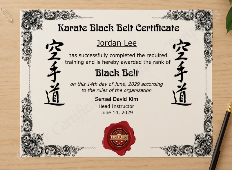 Professional preview of Karate Black Belt Certificate certificate on high-quality stationery paper, ideal for showcasing the final look.