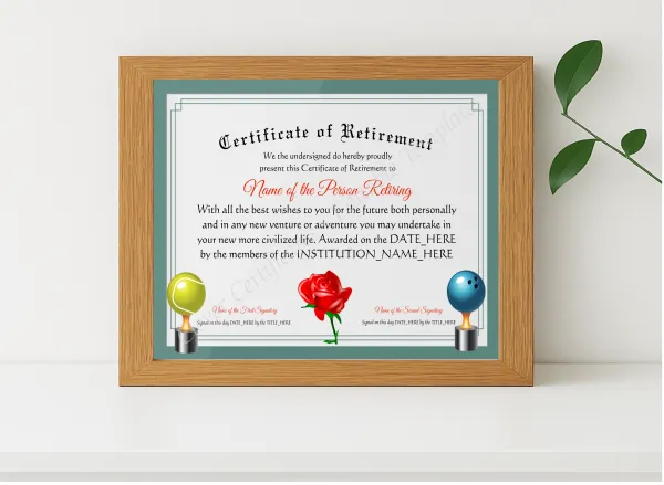 Realistic mockup featuring Editable Elegant Certificate Of Retirement displayed within a modern frame, set against a minimalistic background.