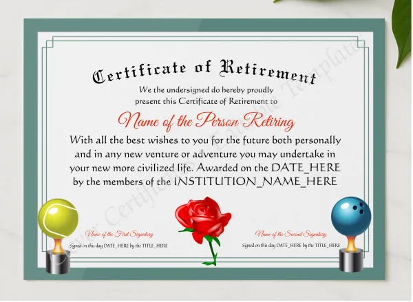 Editable Elegant Certificate Of Retirement presented in a sleek wooden frame, elegantly arranged on a stylish table.