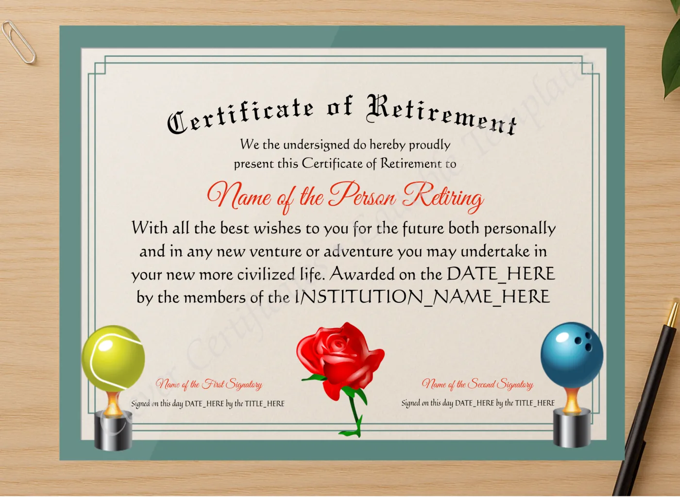 Professional preview of Editable Elegant Certificate Of Retirement certificate on high-quality stationery paper, ideal for showcasing the final look.