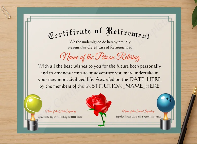 Professional preview of Editable Elegant Certificate Of Retirement certificate on high-quality stationery paper, ideal for showcasing the final look.