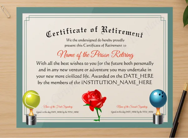 Professional preview of Editable Elegant Certificate Of Retirement certificate on high-quality stationery paper, ideal for showcasing the final look.