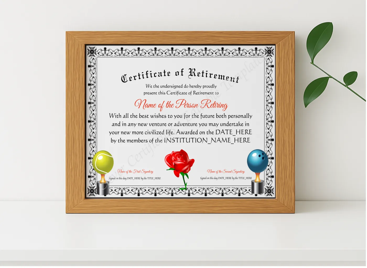 Realistic mockup featuring Printable Elegant Certificate Of Retirement displayed within a modern frame, set against a minimalistic background.