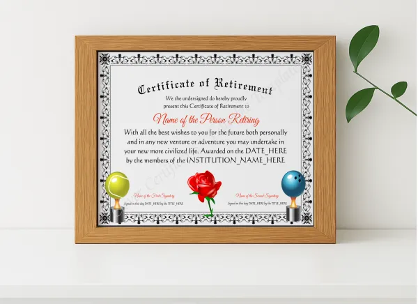 Realistic mockup featuring Printable Elegant Certificate Of Retirement displayed within a modern frame, set against a minimalistic background.