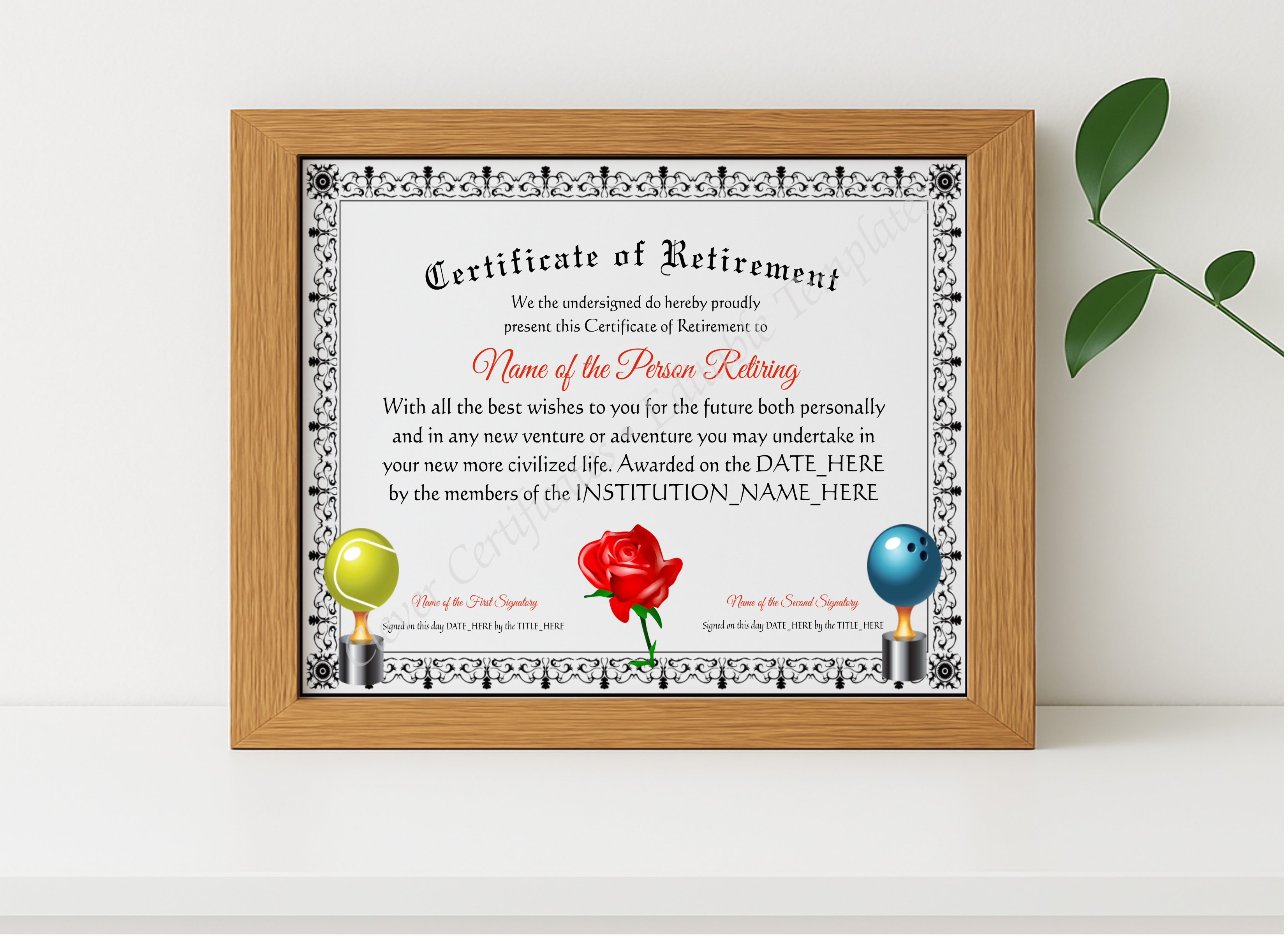 Realistic mockup featuring Printable Elegant Certificate Of Retirement displayed within a modern frame, set against a minimalistic background.