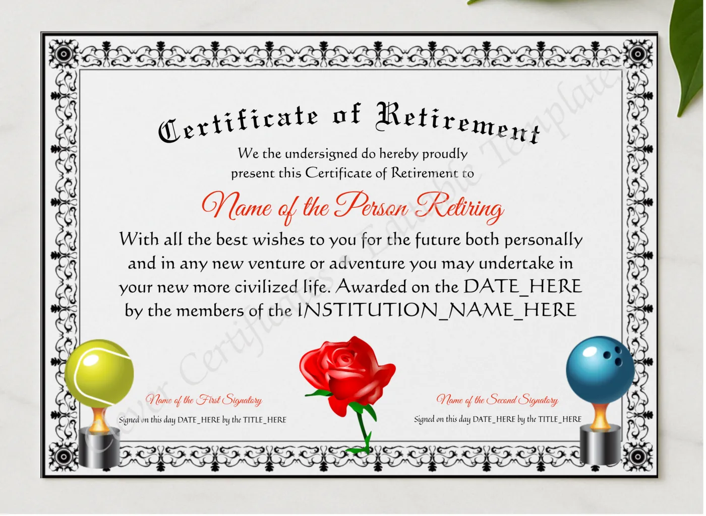 Printable Elegant Certificate Of Retirement presented in a sleek wooden frame, elegantly arranged on a stylish table.