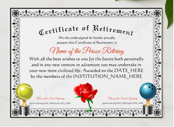 Printable Elegant Certificate Of Retirement presented in a sleek wooden frame, elegantly arranged on a stylish table.