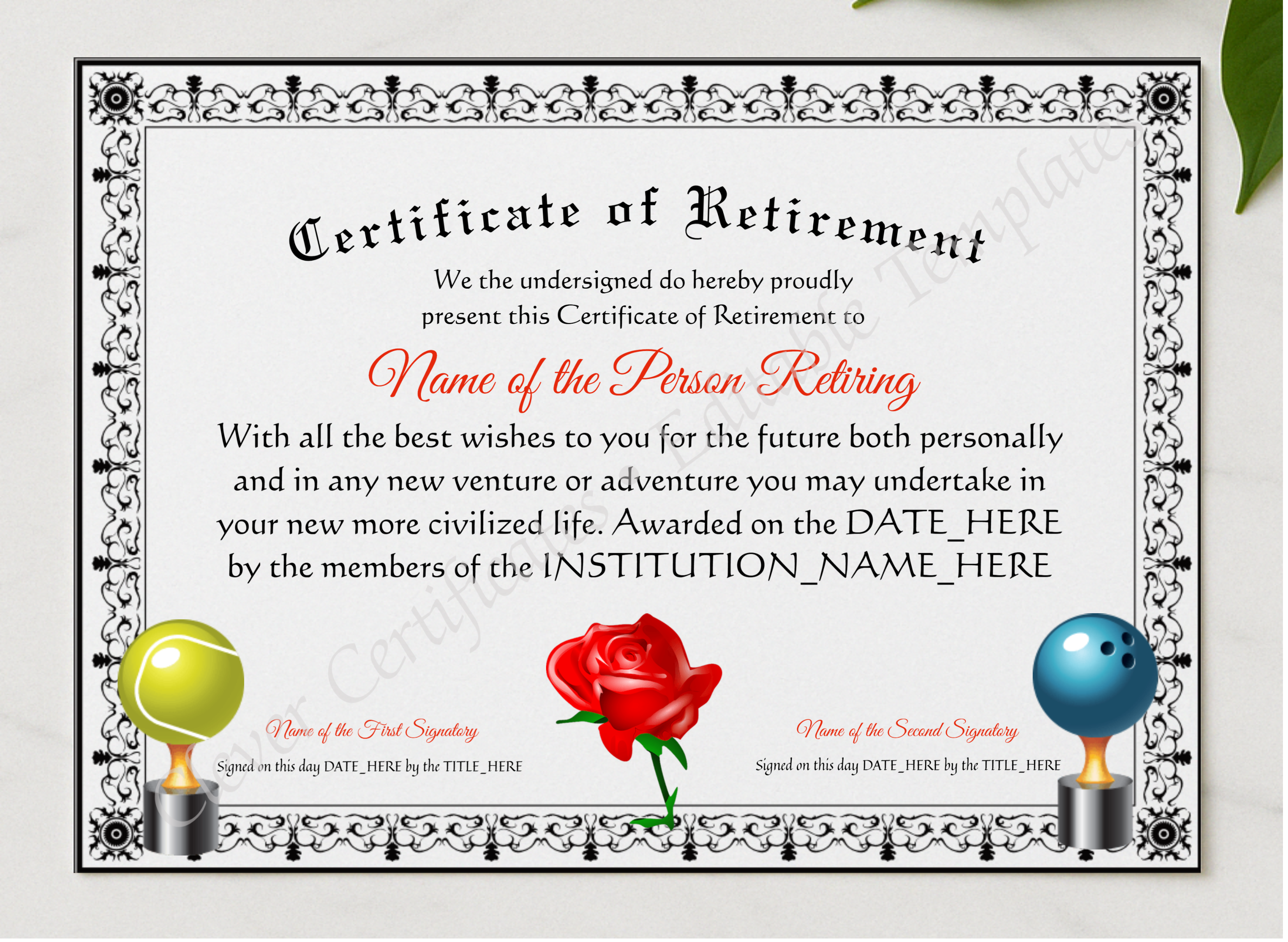 Printable Elegant Certificate Of Retirement presented in a sleek wooden frame, elegantly arranged on a stylish table.