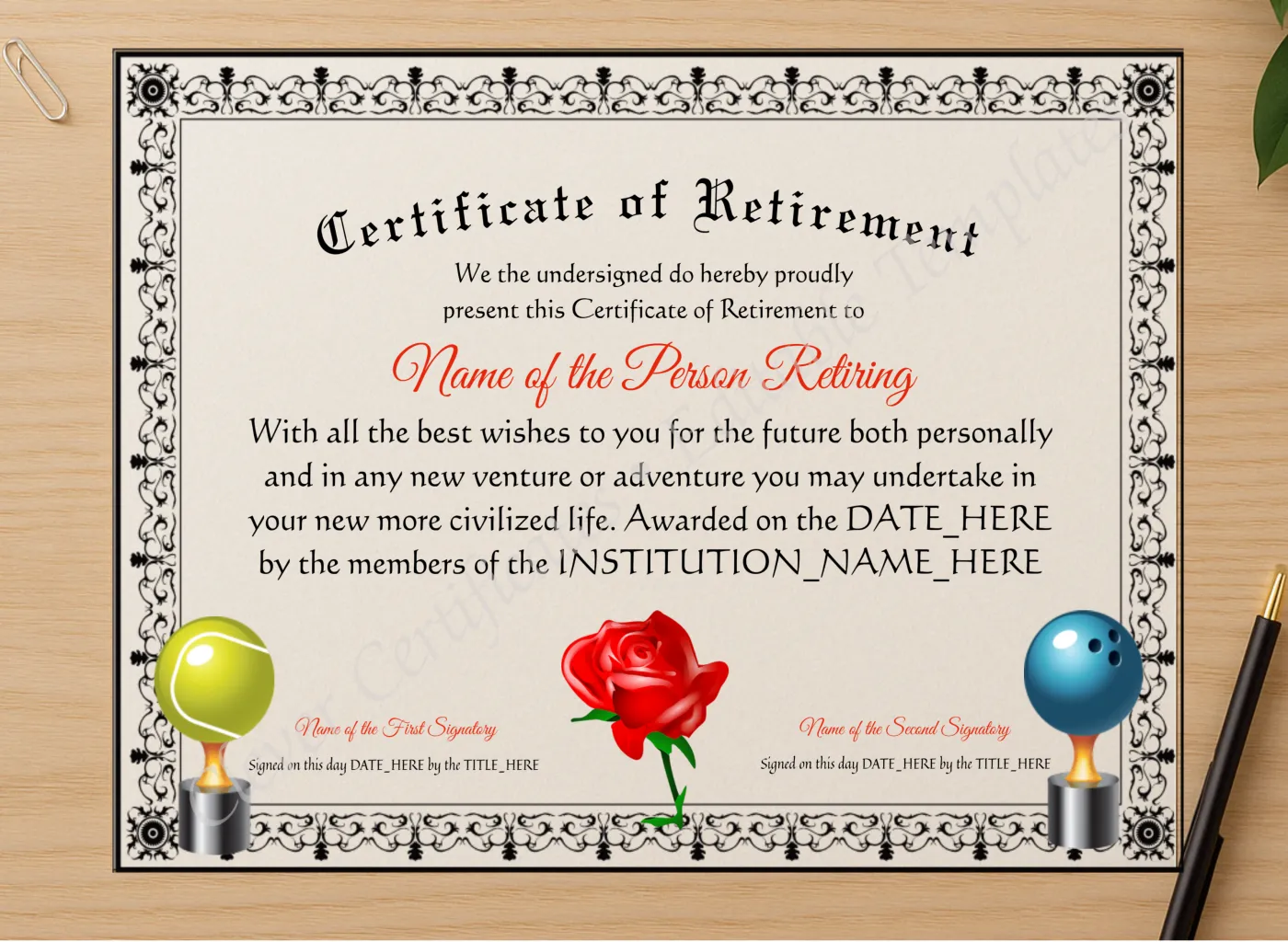 Professional preview of Printable Elegant Certificate Of Retirement certificate on high-quality stationery paper, ideal for showcasing the final look.