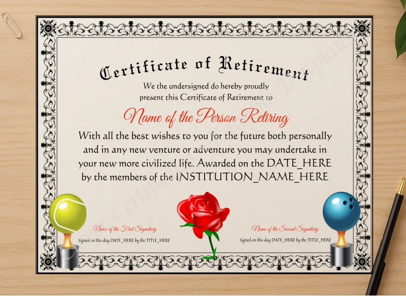 Professional preview of Printable Elegant Certificate Of Retirement certificate on high-quality stationery paper, ideal for showcasing the final look.