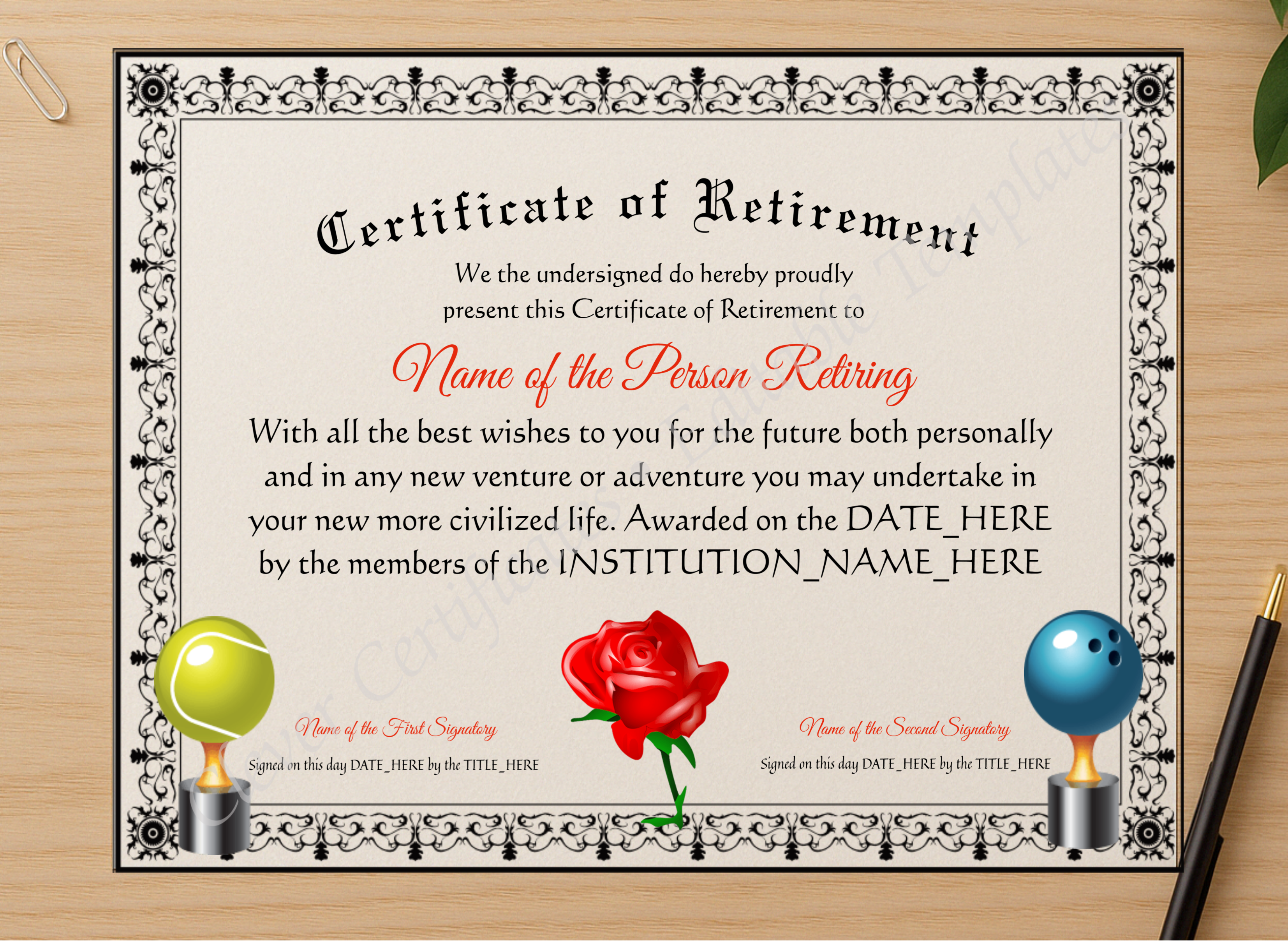 Professional preview of Printable Elegant Certificate Of Retirement certificate on high-quality stationery paper, ideal for showcasing the final look.