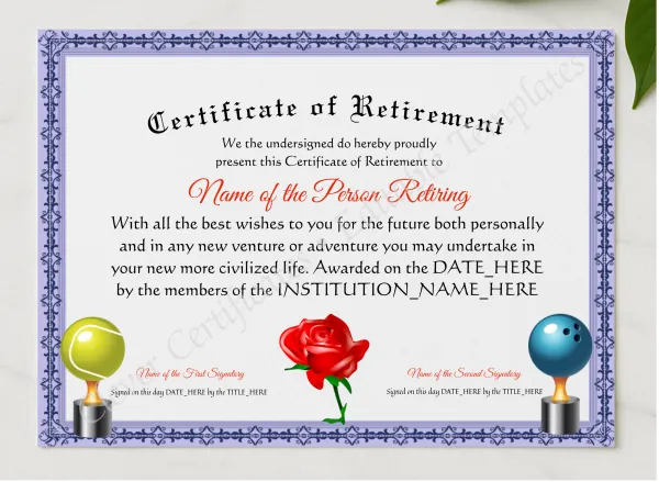 Customizable Elegant Certificate Of Retirement presented in a sleek wooden frame, elegantly arranged on a stylish table.