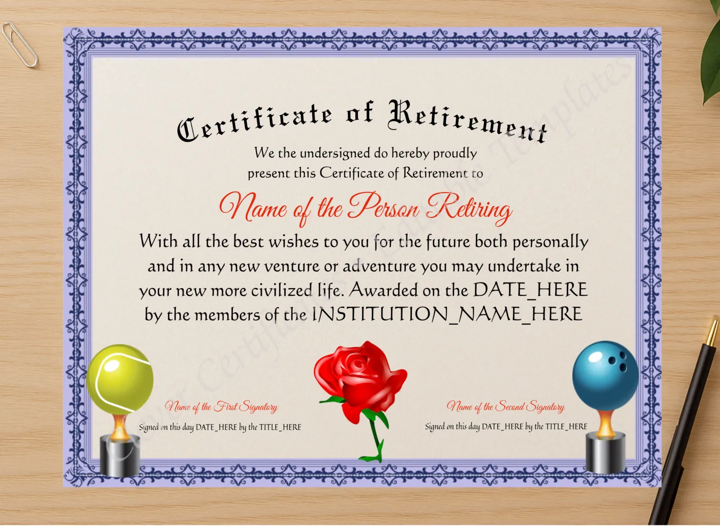 Professional preview of Customizable Elegant Certificate Of Retirement certificate on high-quality stationery paper, ideal for showcasing the final look.