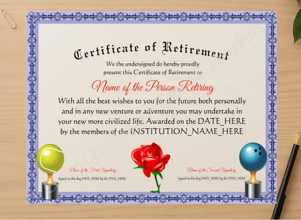 Professional preview of Customizable Elegant Certificate Of Retirement certificate on high-quality stationery paper, ideal for showcasing the final look.