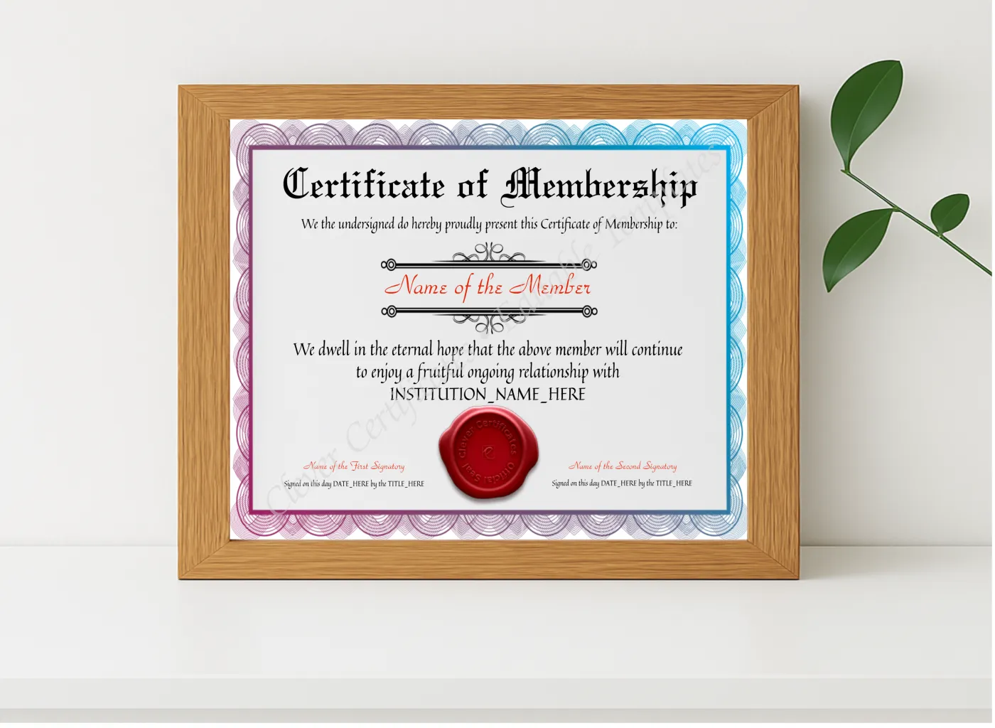 Realistic mockup featuring Customizable Certificate Of Membership displayed within a modern frame, set against a minimalistic background.