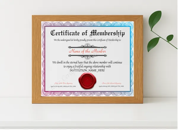 Realistic mockup featuring Customizable Certificate Of Membership displayed within a modern frame, set against a minimalistic background.