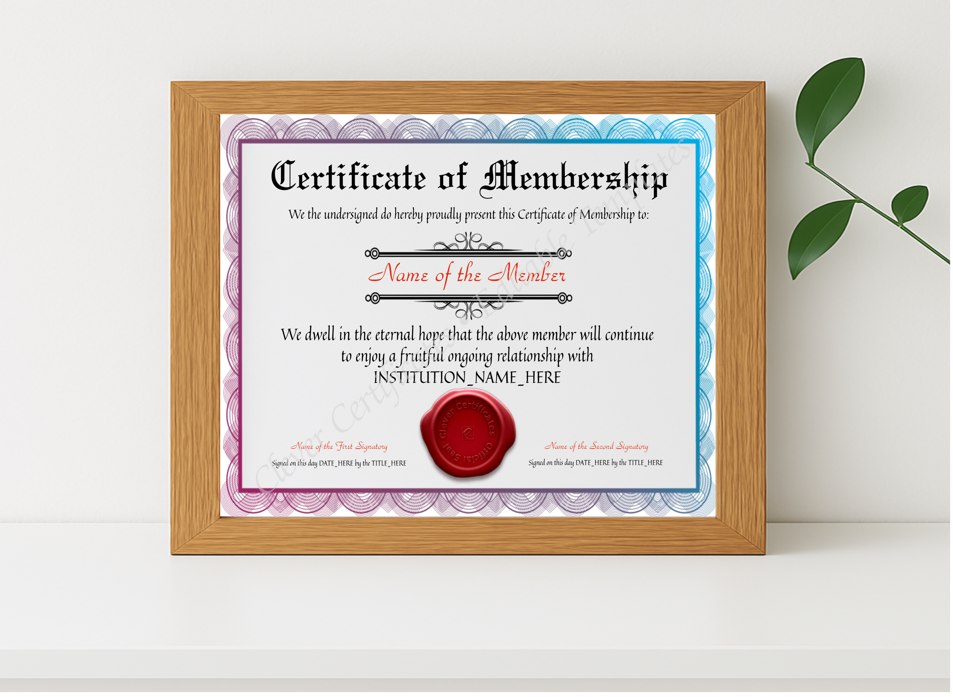 Realistic mockup featuring Customizable Certificate Of Membership displayed within a modern frame, set against a minimalistic background.