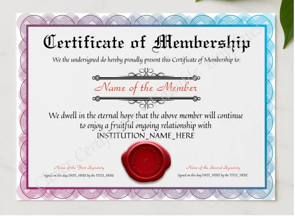 Customizable Certificate Of Membership presented in a sleek wooden frame, elegantly arranged on a stylish table.