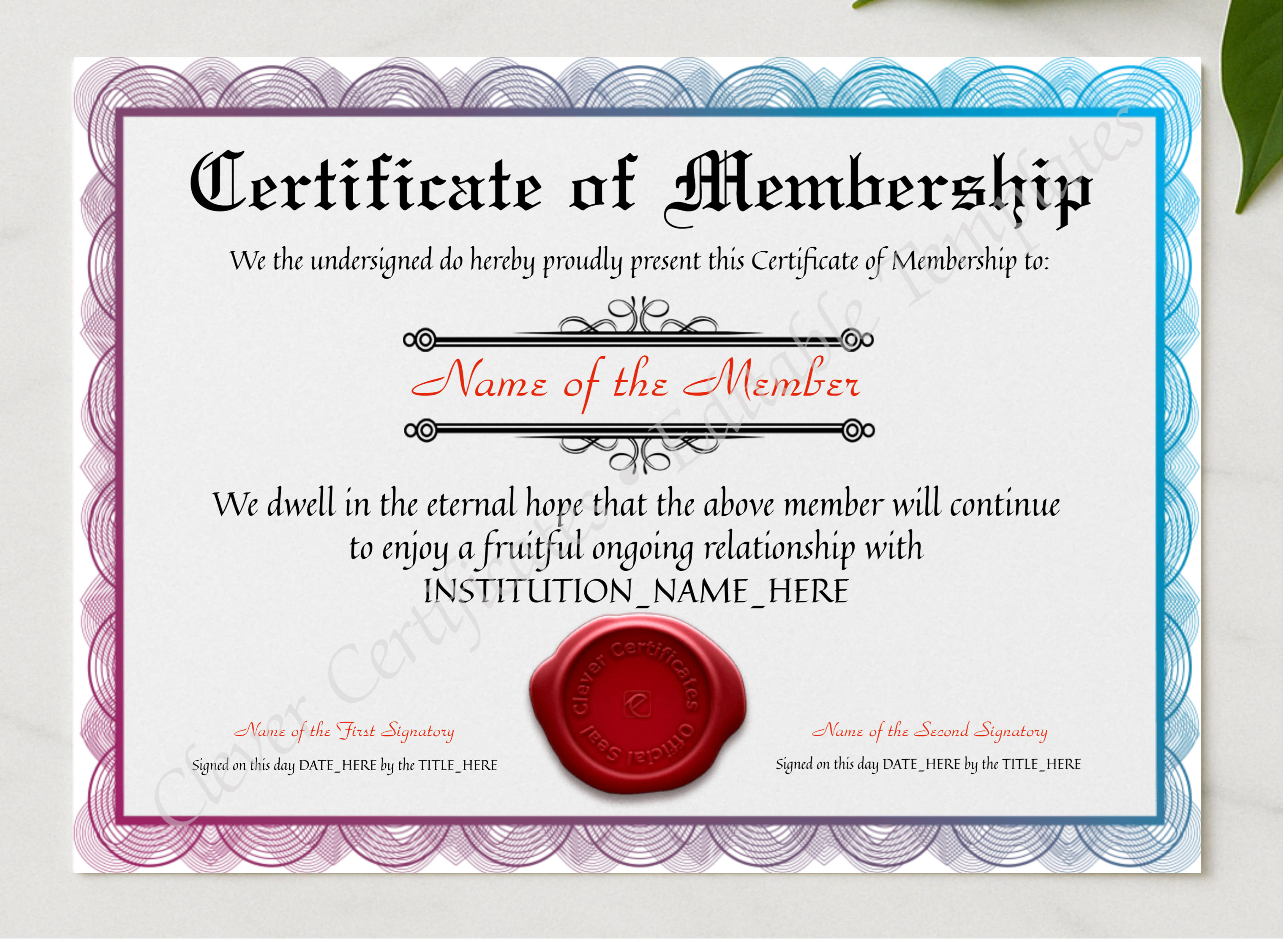 Customizable Certificate Of Membership presented in a sleek wooden frame, elegantly arranged on a stylish table.