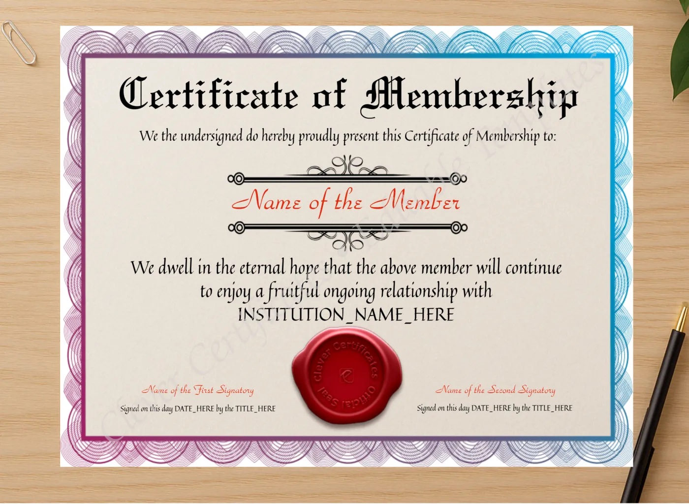 Professional preview of Customizable Certificate Of Membership certificate on high-quality stationery paper, ideal for showcasing the final look.