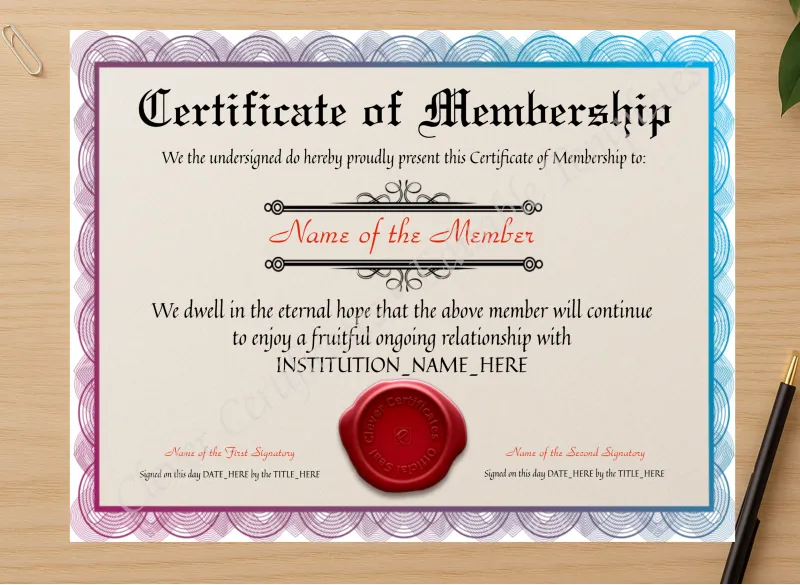 Professional preview of Customizable Certificate Of Membership certificate on high-quality stationery paper, ideal for showcasing the final look.
