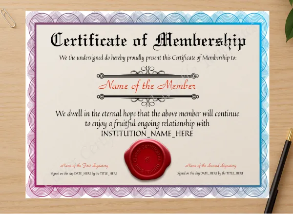 Professional preview of Customizable Certificate Of Membership certificate on high-quality stationery paper, ideal for showcasing the final look.