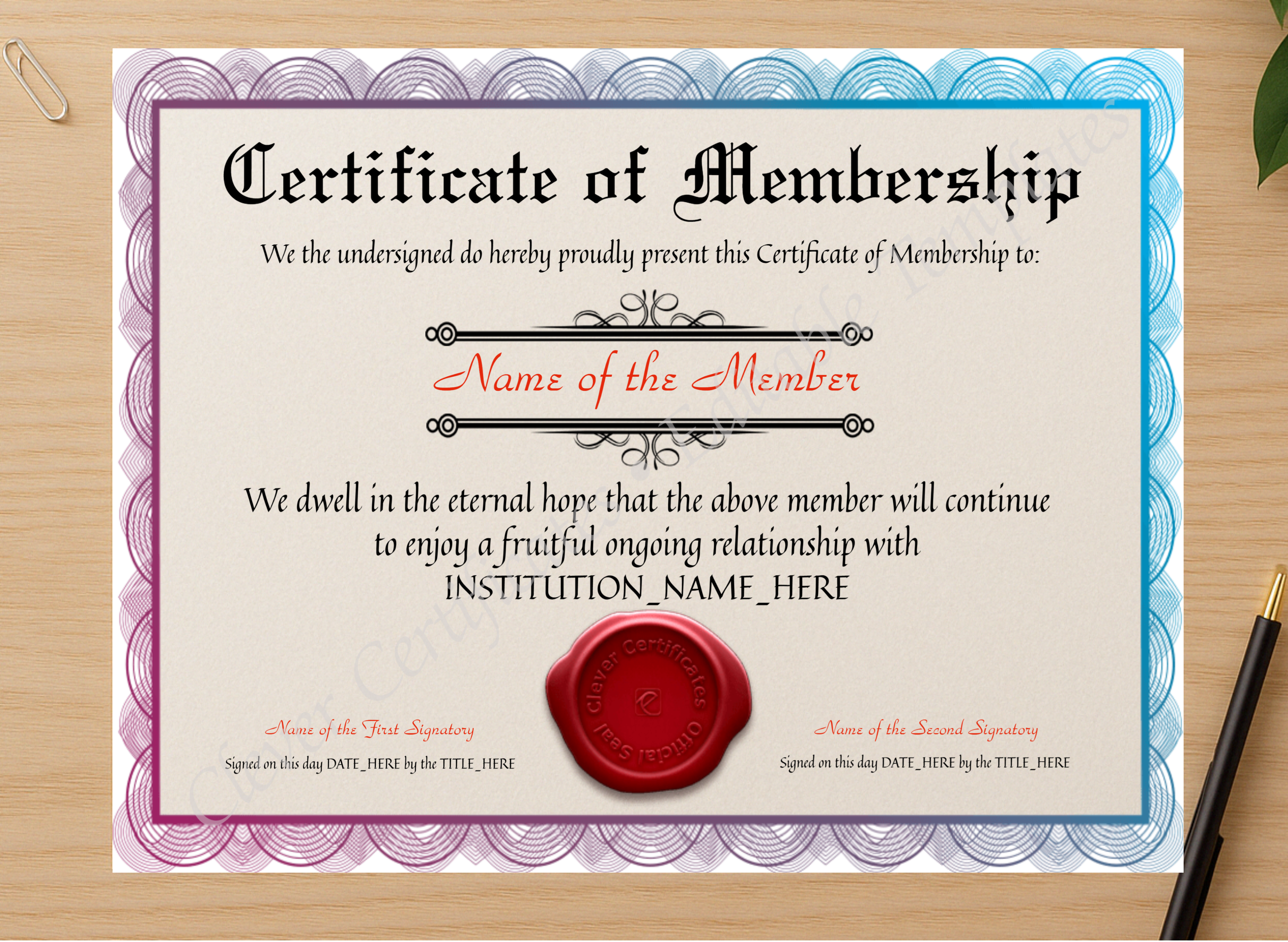 Professional preview of Customizable Certificate Of Membership certificate on high-quality stationery paper, ideal for showcasing the final look.