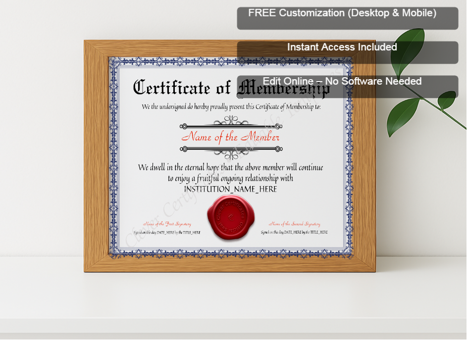 Premium mockup with Free Editor badge stack for Editable Elegant Blue Certificate Of Membership