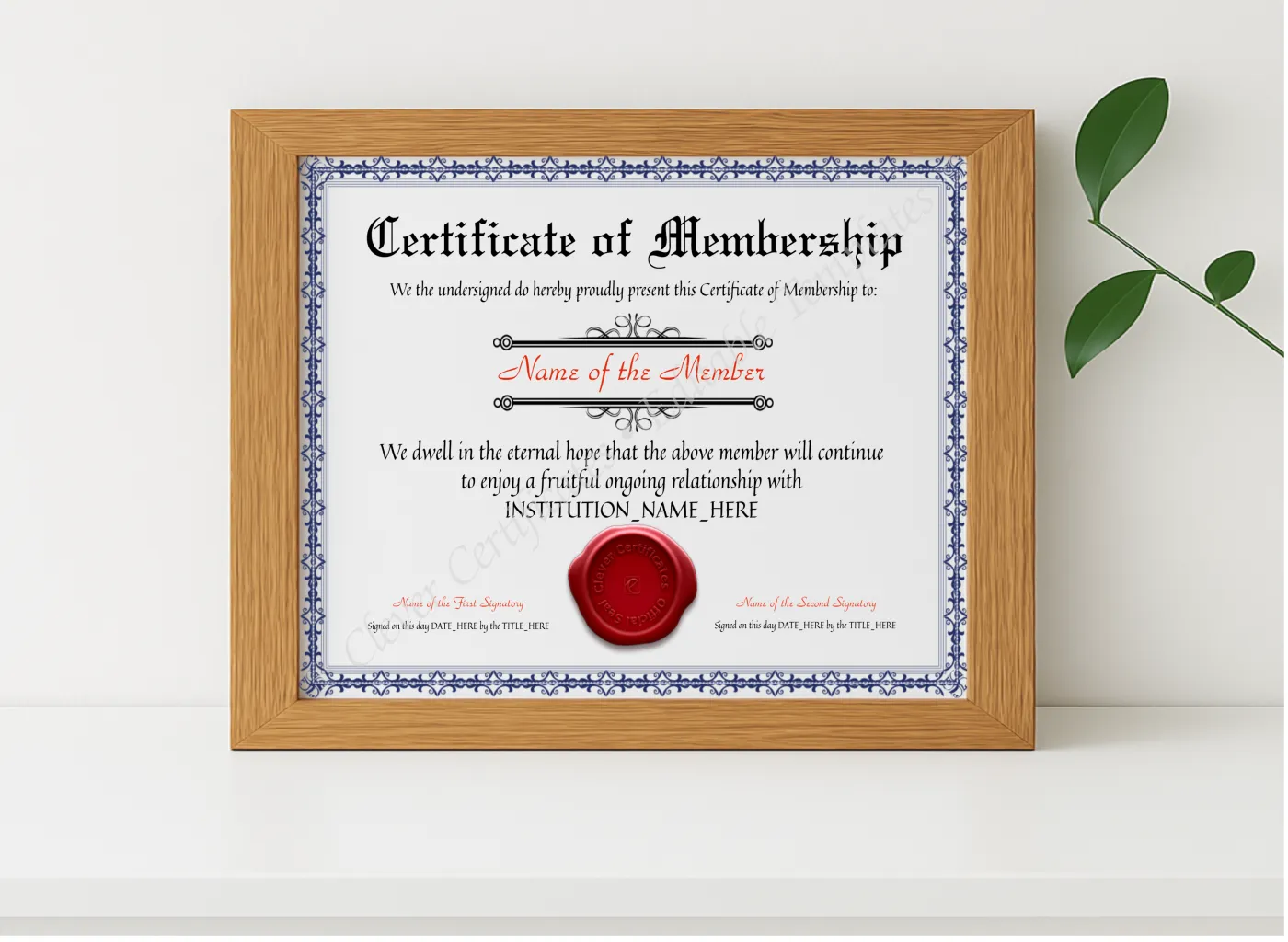 Realistic mockup featuring Editable Elegant Blue Certificate Of Membership displayed within a modern frame, set against a minimalistic background.