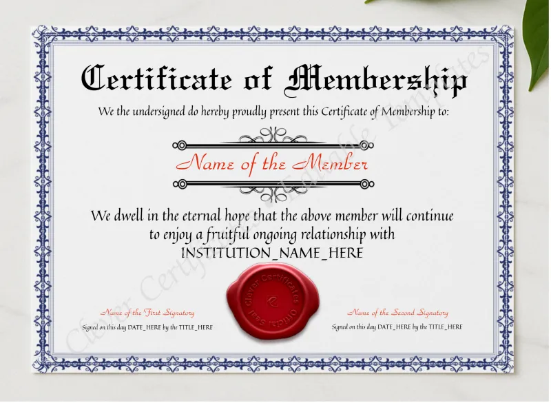 Editable Elegant Blue Certificate Of Membership presented in a sleek wooden frame, elegantly arranged on a stylish table.