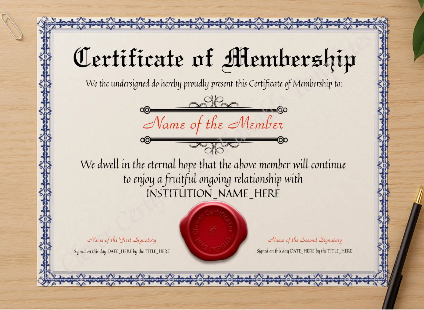 Professional preview of Editable Elegant Blue Certificate Of Membership certificate on high-quality stationery paper, ideal for showcasing the final look.