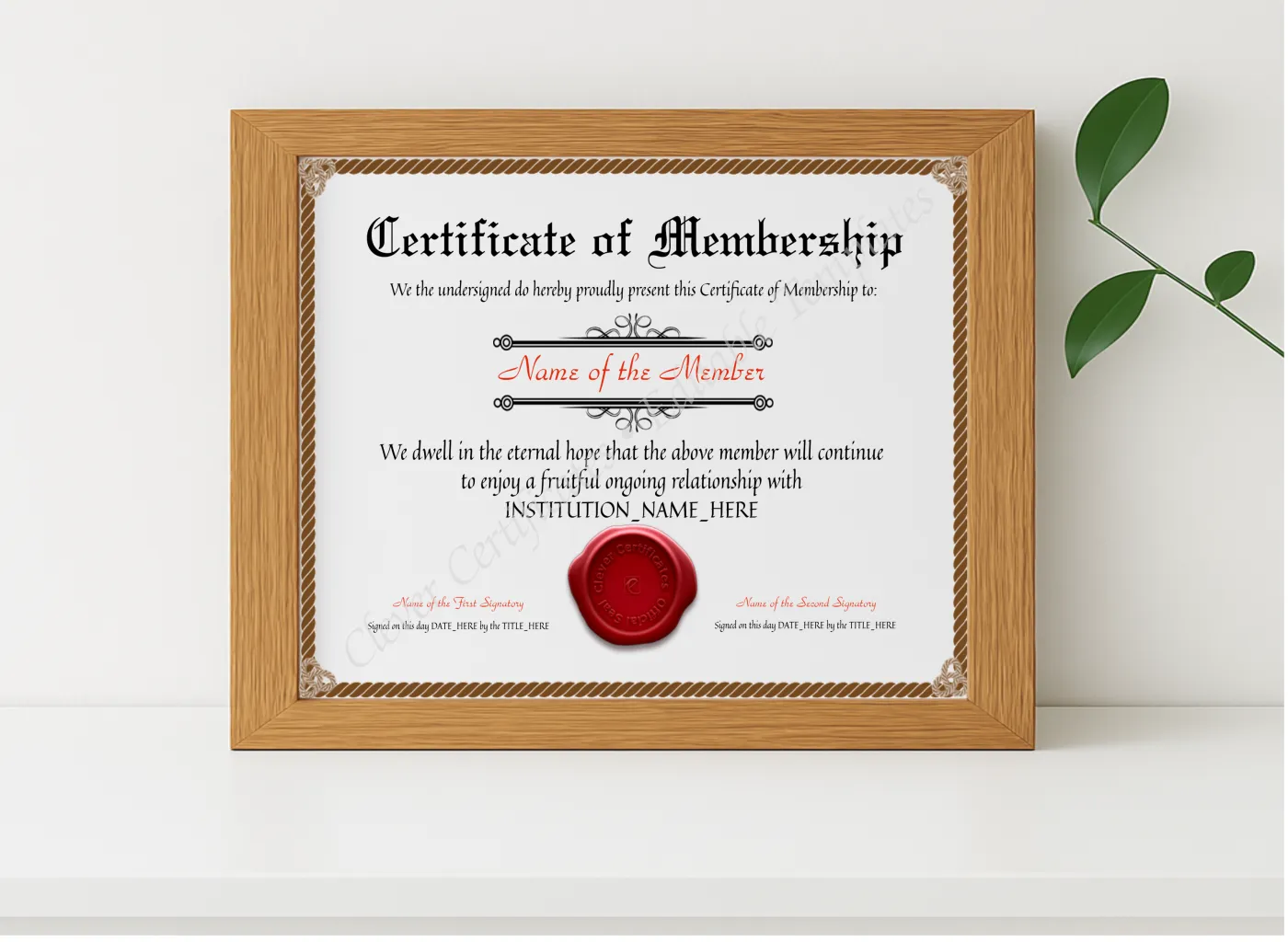 Realistic mockup featuring Printable Elegant Brown Certificate Of Membership displayed within a modern frame, set against a minimalistic background.