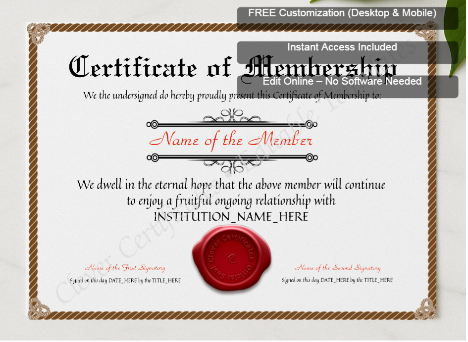 Framed preview featuring Free Editor badge stack for Printable Elegant Brown Certificate Of Membership