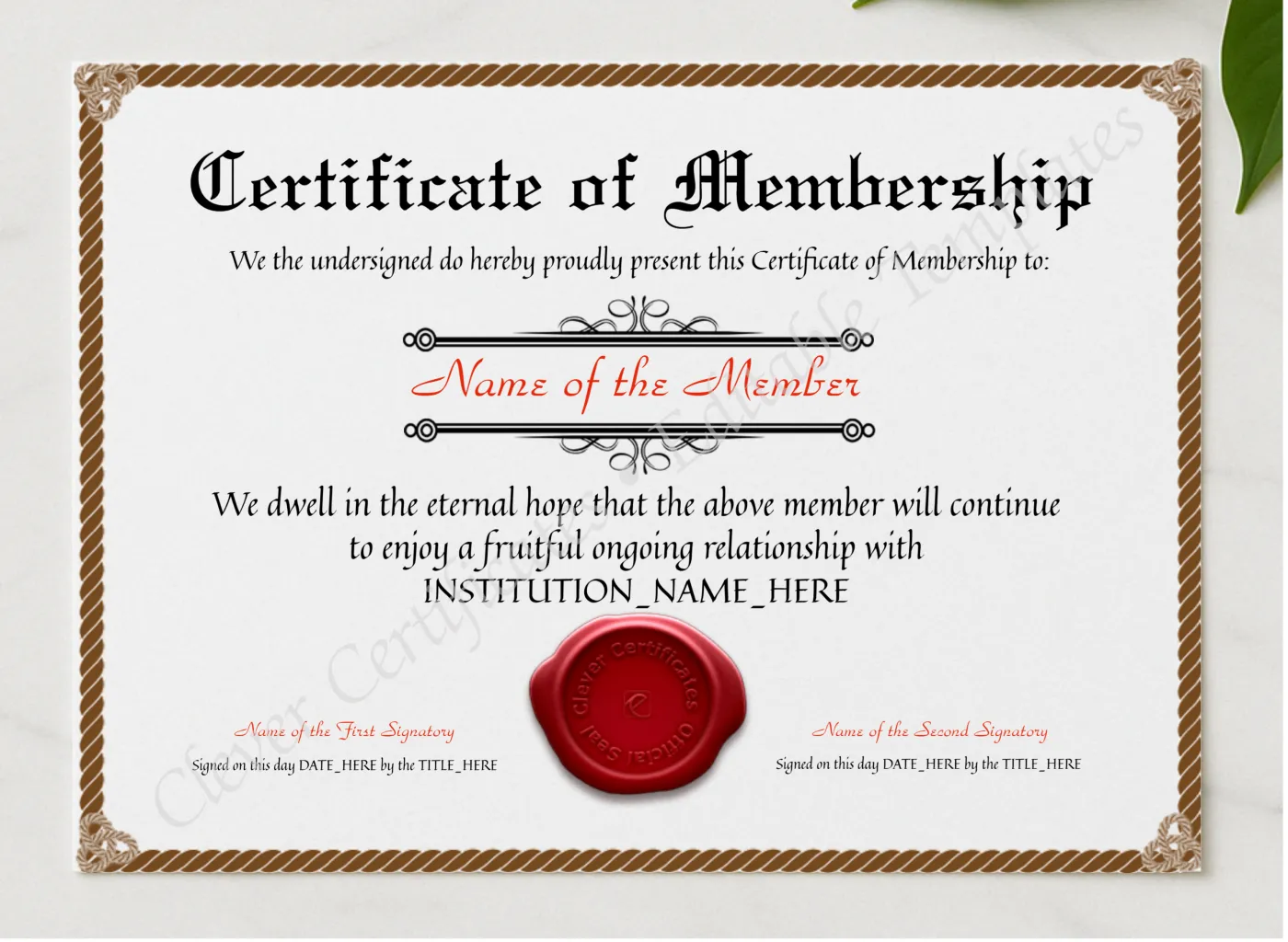 Printable Elegant Brown Certificate Of Membership presented in a sleek wooden frame, elegantly arranged on a stylish table.
