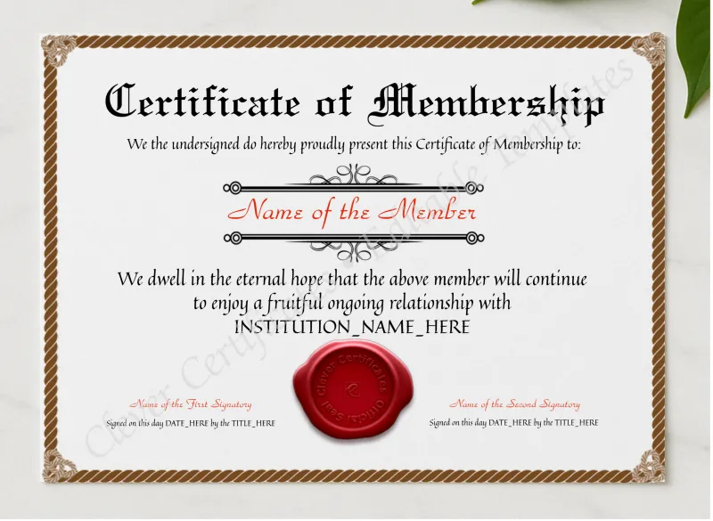 Printable Elegant Brown Certificate Of Membership presented in a sleek wooden frame, elegantly arranged on a stylish table.