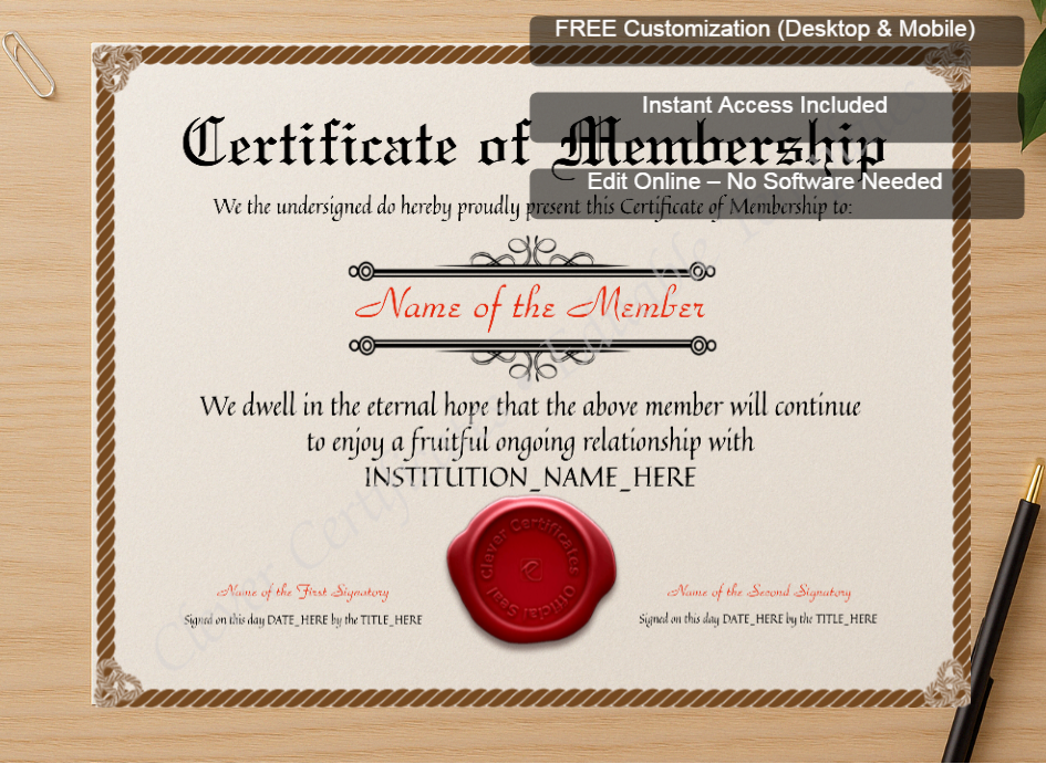 Zoomed preview with Free Editor badge stack for Printable Elegant Brown Certificate Of Membership