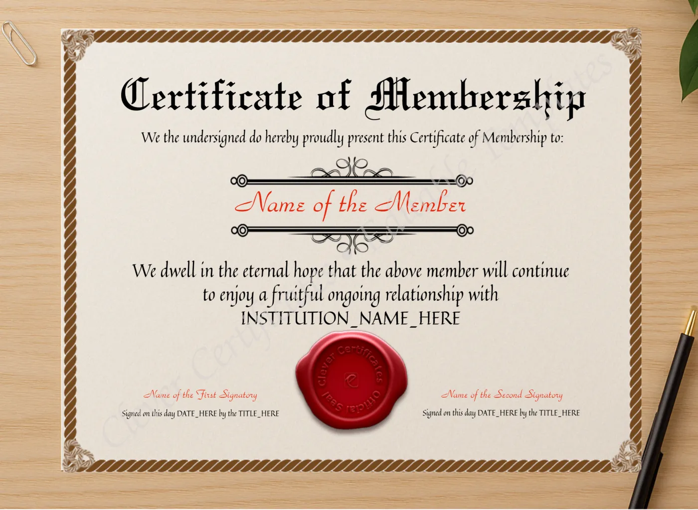 Professional preview of Printable Elegant Brown Certificate Of Membership certificate on high-quality stationery paper, ideal for showcasing the final look.