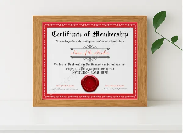 Realistic mockup featuring Customizable Elegant Red Certificate Of Membership displayed within a modern frame, set against a minimalistic background.