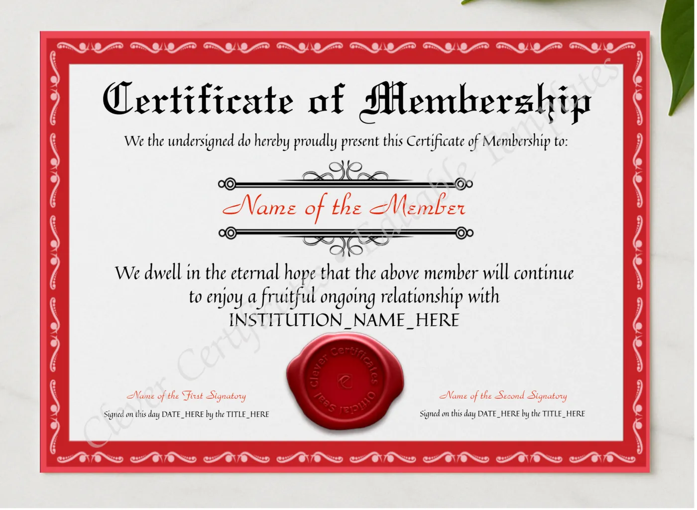 Customizable Elegant Red Certificate Of Membership presented in a sleek wooden frame, elegantly arranged on a stylish table.