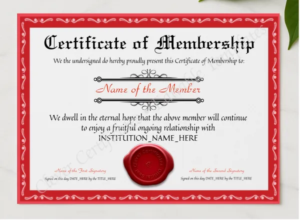Customizable Elegant Red Certificate Of Membership presented in a sleek wooden frame, elegantly arranged on a stylish table.