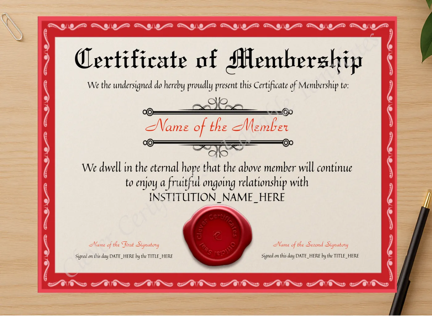 Professional preview of Customizable Elegant Red Certificate Of Membership certificate on high-quality stationery paper, ideal for showcasing the final look.